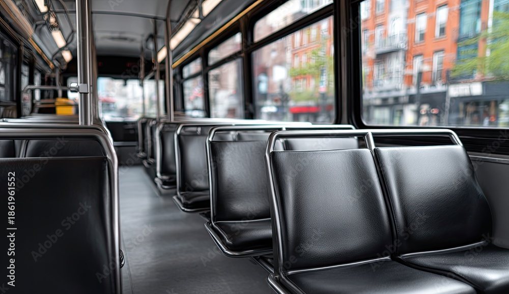 Fototapeta premium Inside a public bus with rows of empty dark seats facing forward, city visible