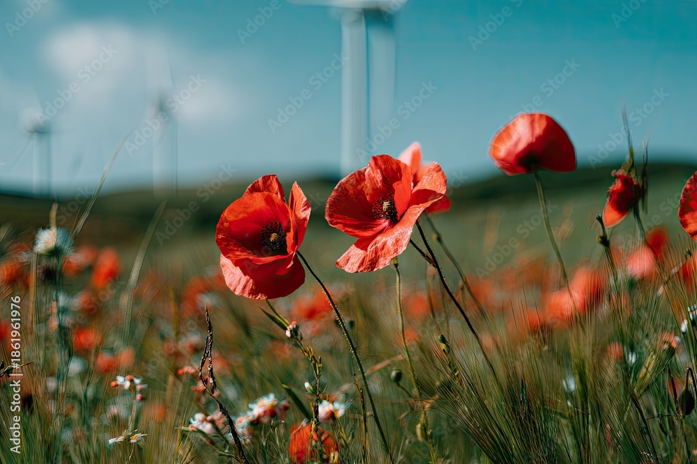 Fototapeta premium Vibrant red poppies bloom in a sun-drenched field near distant windmills