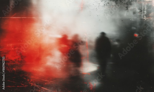 Eerie, blurred figures emerge from a fiery, smoky, textured urban scene