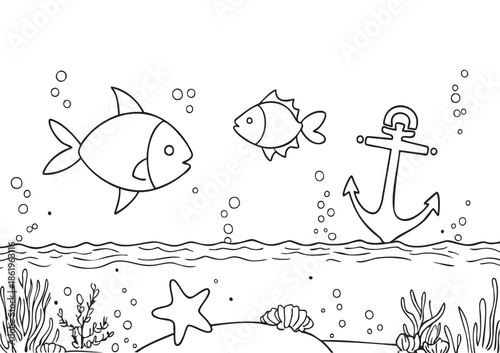 Educational and fun coloring page for children, ISO A1 size, underwater scene with cute swimming fish and a ship anchor, simple outlines, easy to color, printable, large clear shapes