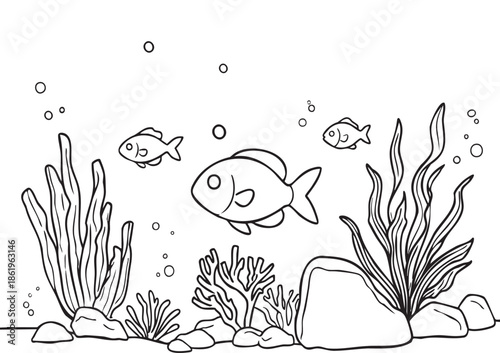 Title:
Horizontal ISO A1 coloring page for children, colorful underwater scene with swimming fish, corals, rocks, and seaweed, simple bold outlines, easy to color, printable, large clear shapes