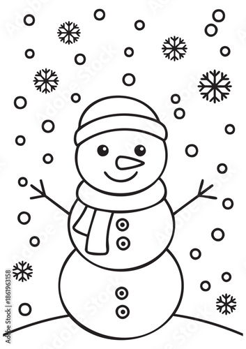 Title:
Educational and fun coloring page for children, ISO A1 vertical size, happy snowman with falling snowflakes, simple bold outlines, easy to color, printable, large clear shapes