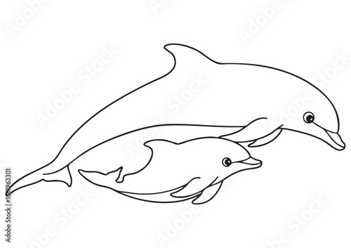 ISO A1 Educational Coloring Page for Kids with Cute Mother Dolphin and Baby Dolphin Swimming Together