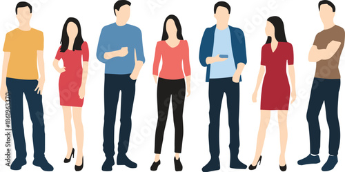 Flat vector illustration of a diverse group of young men and women standing, talking, and using smartphones, isolated on white.