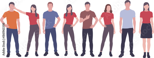 Flat vector illustration of a diverse group of young men and women standing, wearing casual colorful outfits, isolated on white.