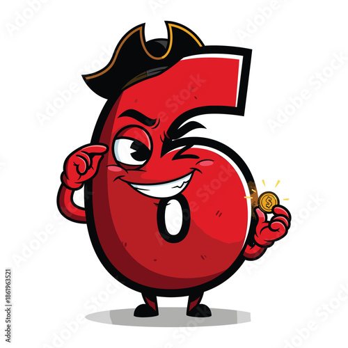 Red cartoon number six wearing pirate hat holding coin