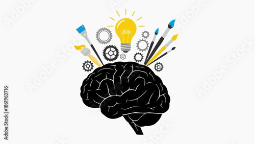 Creative brainstorming concept with brain and art supplies
