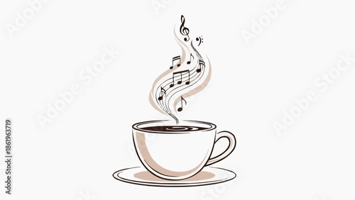 Steaming cup of coffee with musical notes rising