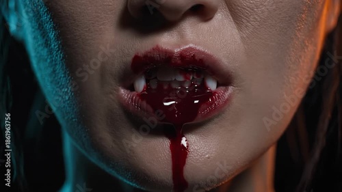 Vampire Woman with Fangs Drinking Blood Horror Halloween Scene