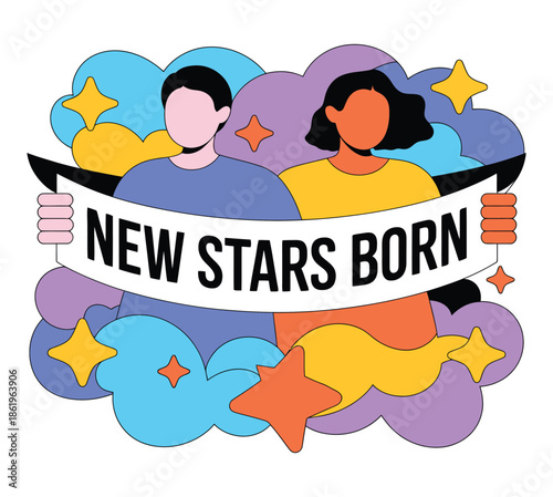 Two stylized people hold a banner proclaiming new stars born.