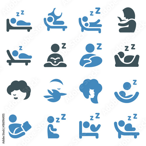 Multiple blue and dark gray icons illustrate various restful poses.