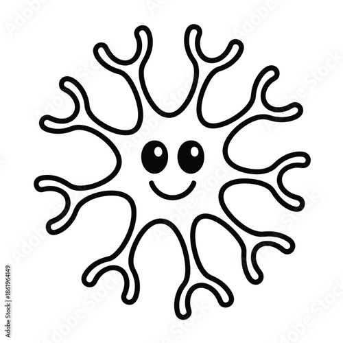 Cute cartoon neuron cell with smiling face features exaggerated dendrites.