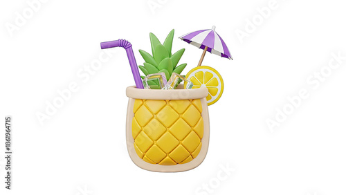 3D Pineapple Cocktail with Umbrella and Lemon Slice