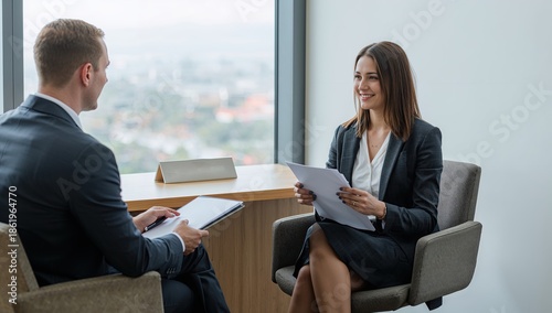 Man and woman discussing paperwork in office seating