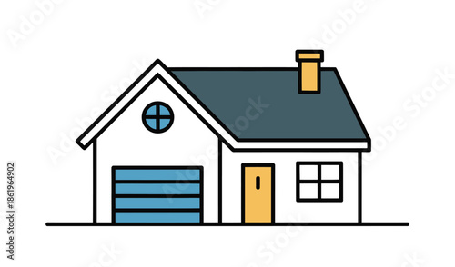 A simple illustration of a detached house with a garage and chimney on a white background.
