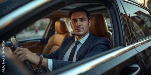 Well dressed man driving luxury car on city street