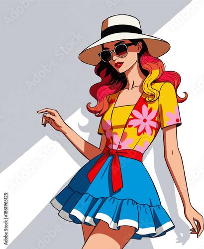  Create a realistic Fashionable woman wearing a colorful feminine outfit standing vector art with white background. 