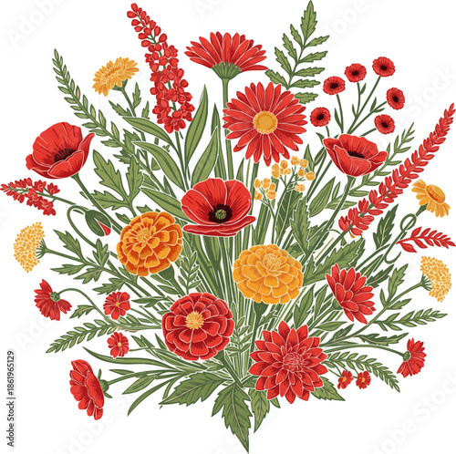 Create a kinds of deferent realistic Large composition of plants and flowers in red and orange colors vector art with white background..