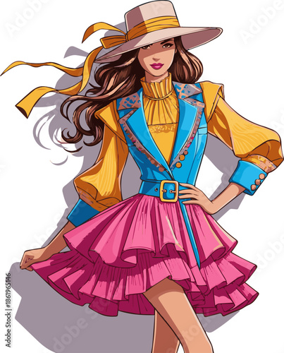 Create a realistic Fashionable woman wearing a colorful feminine outfit standing vector art with white background. 