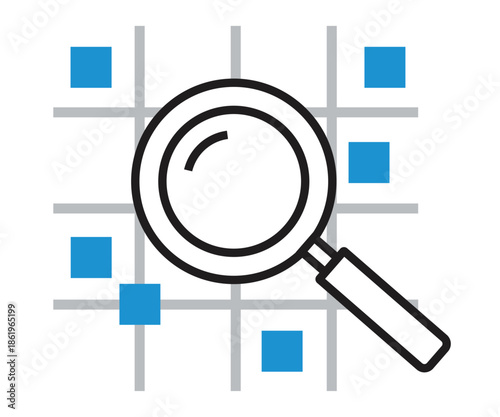 Data Analysis and Search Concept – Minimalist Magnifying Glass over Grid with Blue Data Blocks for Research, Big Data, and Analytics