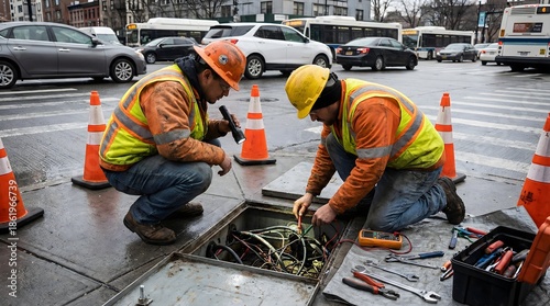 Utility Workers Repairing Underground Cables in City Street
