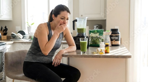 Woman feeling nauseous after drinking a green smoothie in her kitchen