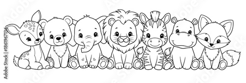 Cute animal illustration featuring a deer, bear, elephant, lion, zebra, hippo, and fox, all sitting together in a playful arrangement, perfect for children's designs and storytelling