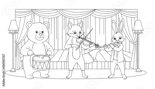 Colorful illustration of a bear, fox, and rabbit performing music on stage with instruments, surrounded by curtains and lamps, creating a lively atmosphere of a whimsical concert