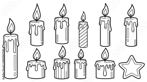Collection of various candle illustrations featuring different shapes, sizes, and designs, showcasing melting wax and flickering flames, ideal for festive and decorative themes