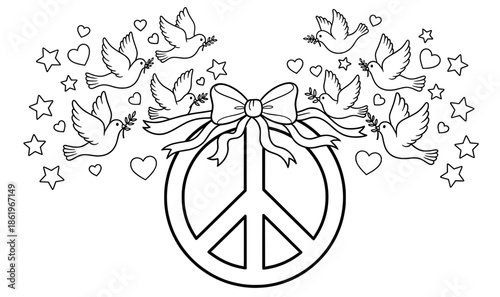 Peace symbol illustration adorned with doves, hearts, and stars, featuring a decorative bow, conveying themes of harmony, love, and tranquility in a whimsical design