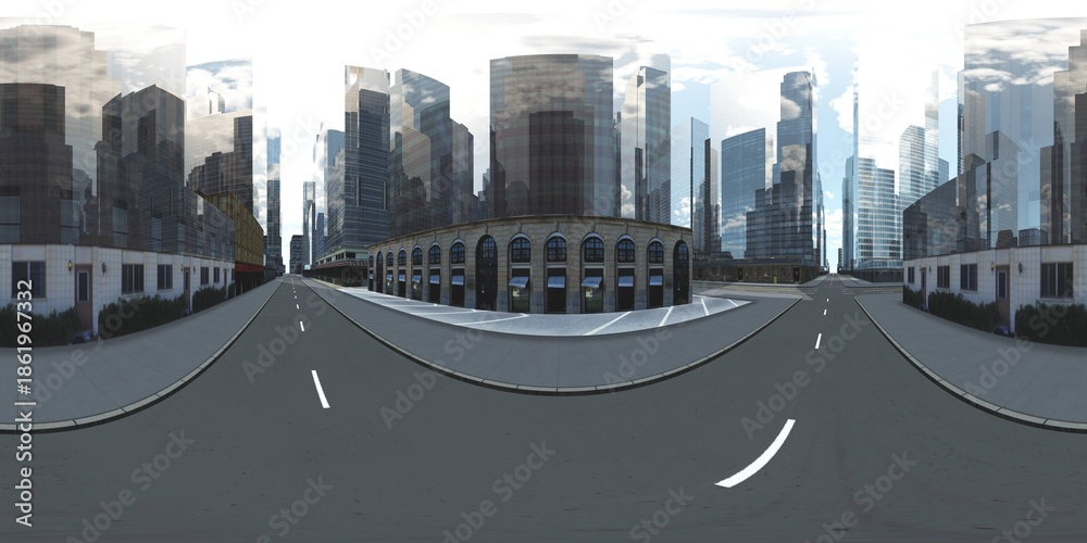 Obraz premium Panorama of the city. Environment map. HDRI map. equidistant projection. Spherical panorama. 3D rendering