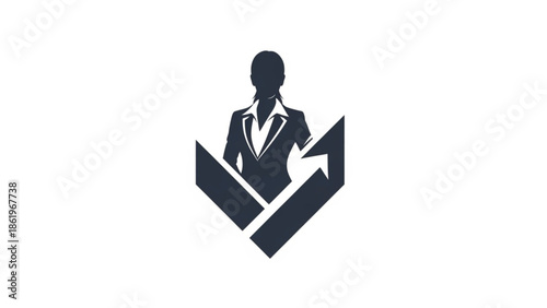 A professional vector illustration of a businesswoman silhouette set against a rising arrow and geometric shapes, symbolizing career growth, leadership, and financial success. This clean, minimalist.