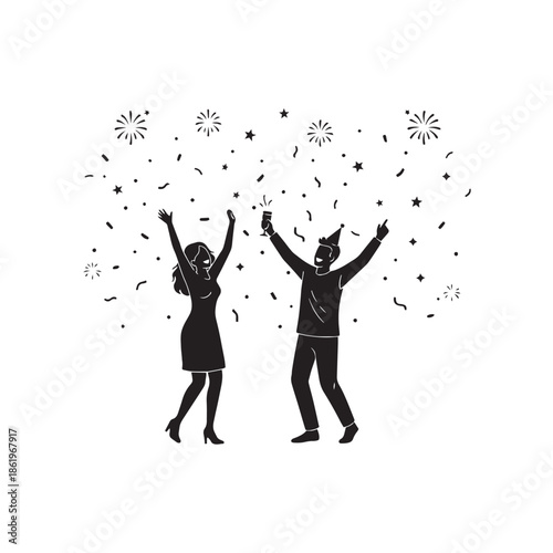silhouette of people cheering and celebrating new year white background
