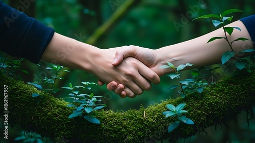 Handshake over a mossy tree branch in a lush green forest symbolizing environmental partnership and sustainable business agreement
