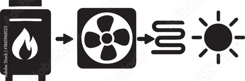 HVAC system process flow set showing heating, cooling and ventilation steps in clean vector style.