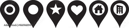 Location icon set with map pins and navigation symbols, bold vector silhouettes isolated on white.
