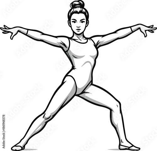 Create a female gymnast in a white bodysuit standing vector art with white background.