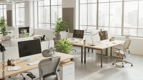 Modern office interior with desks computers and natural light