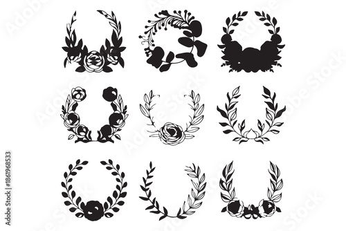 Collection of Elegant Botanical Wreaths and Floral Frames Silhouettes