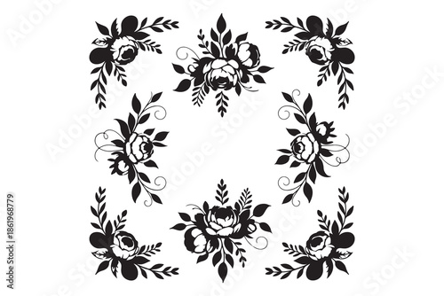Collection of Elegant Botanical Wreaths and Floral Frames Silhouettes