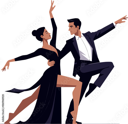 Create a realistic Modern ballet dancer with long flowy black dress posing with a male dancer vector art with white background.