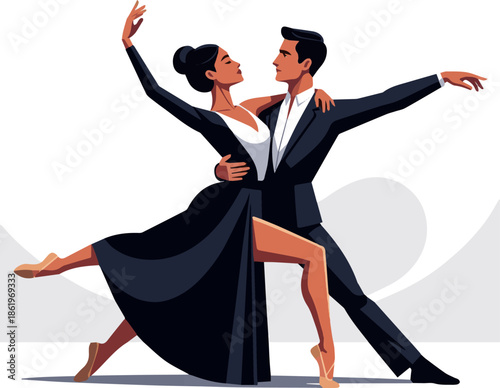 Create a realistic Modern ballet dancer with long flowy black dress posing with a male dancer vector art with white background.