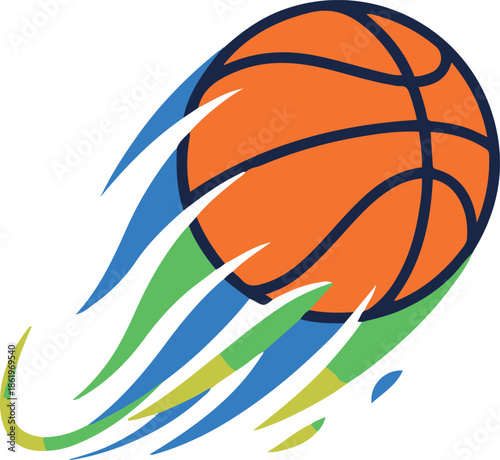 Vector illustration of an orange basketball flying through the air with dynamic blue and green motion trails, symbolizing speed, power, and a fast-paced game action.
