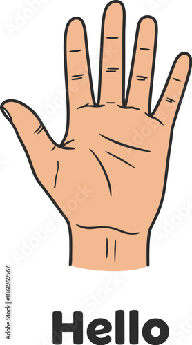 Cartoon illustration of a raised open human hand gesture signaling a friendly verbal greeting or waving hello against a white background for recognition