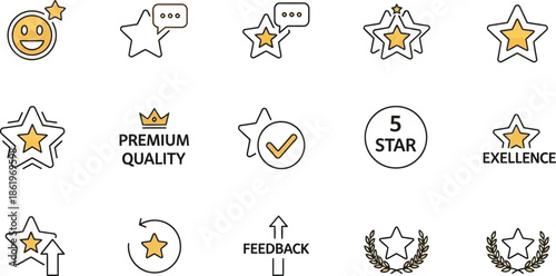 Collection of modern line icon set representing customer satisfaction rating quality feedback service excellence and five star achievement badges