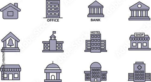 Collection of twelve distinct urban and civic building outline icons representing various functions like residential commercial and government structures clearly labeled.