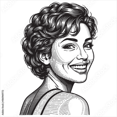 Black and white illustration of a smiling woman with curly hair looking over her shoulder
