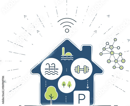 Concept illustration showcasing smart home technology integration managing various amenities like fitness pool landscaping and parking via wireless network connectivity