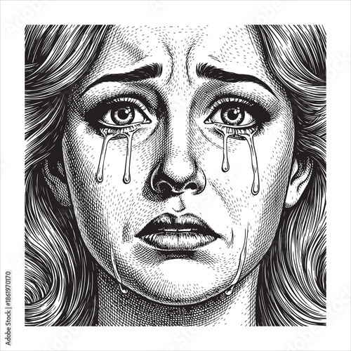 Black and white illustration of a woman crying tears of sorrow sadness