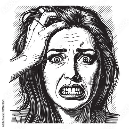 Black and white illustration of a woman in distress with hand on head fear panic